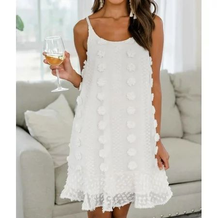 Women's White Spaghetti Straps Jacquard Ruffle Mini Dress | Walmart (CA)