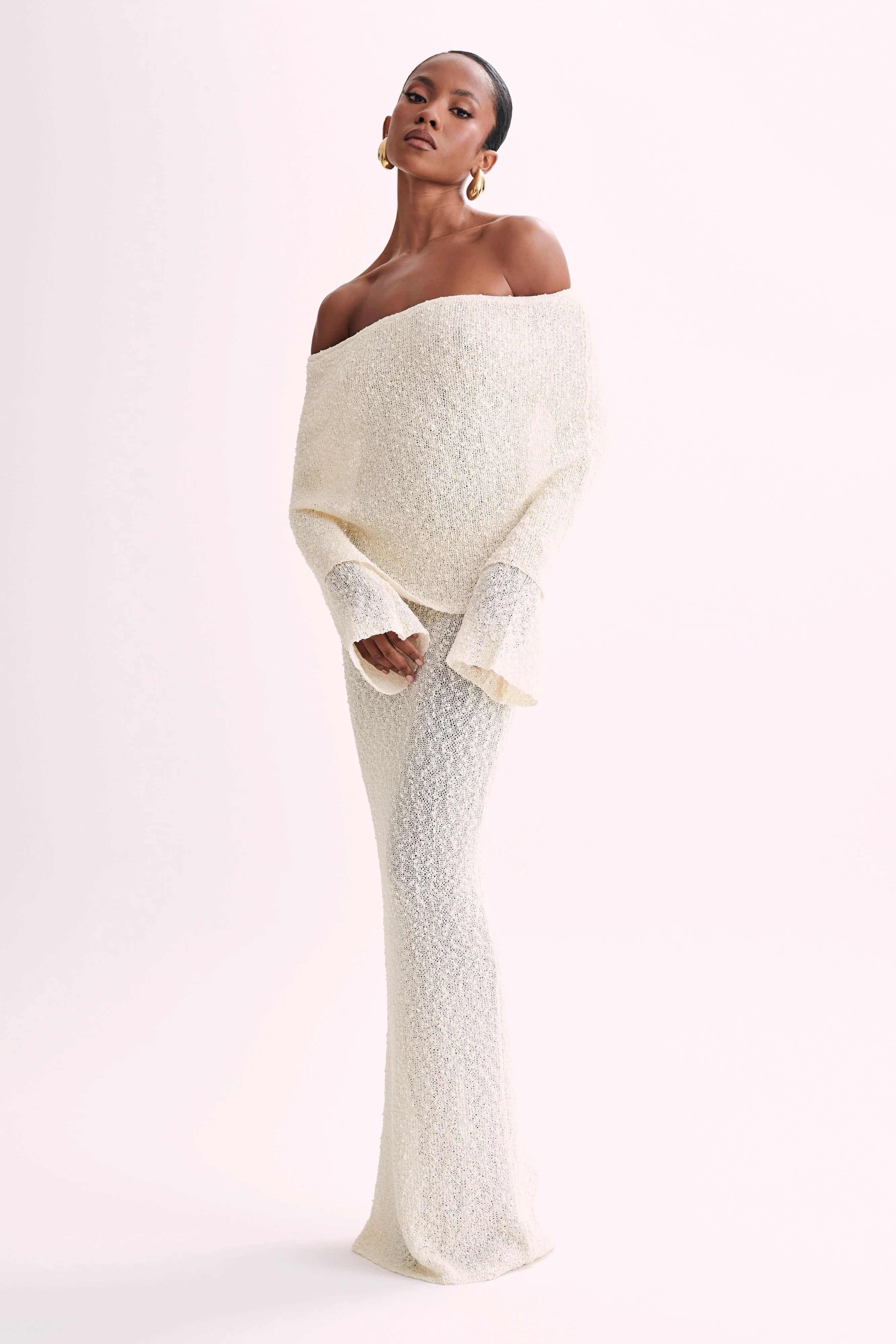 Marisol Off Shoulder Boucle Maxi Dress - Ivory | MESHKI US