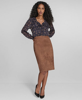 Tommy Hilfiger Women's Posy Ruffle Long Sleeve Blouse and Scuba Sueded Knee Length Pencil Skirt -... | Macy's
