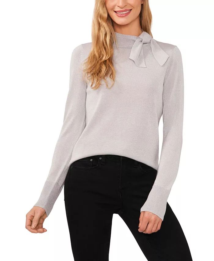 CeCe Women's Metallic Bow Tie Mock Neck Long Sleeve Sweater - Macy's | Macy's