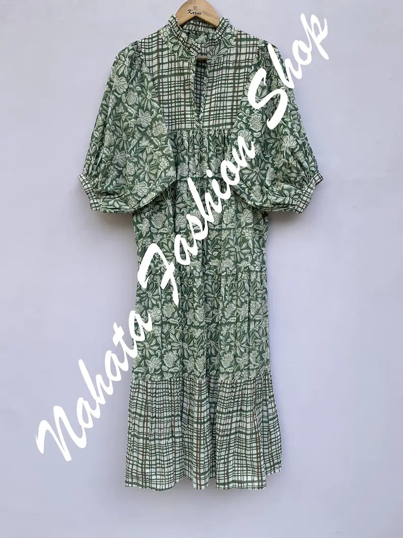 cotton olive green hand block printed floral maxi dress - frill neckline bohemian long dress | Etsy (Global)