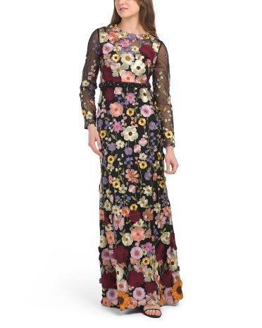 Long Sleeve Floral Embroidered Gown | TJ Maxx