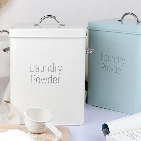 Metal laundry soap powder box - 7x6x9in - farmhouse style white aqua | Etsy (US)