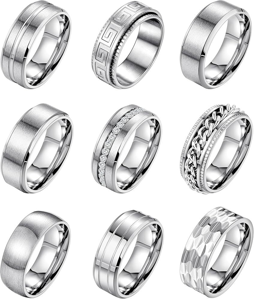 9Pcs 8MM Stainless Steel Band Rings for Men Women Chain Rings Simple Brushed Wedding Engagement R... | Amazon (US)