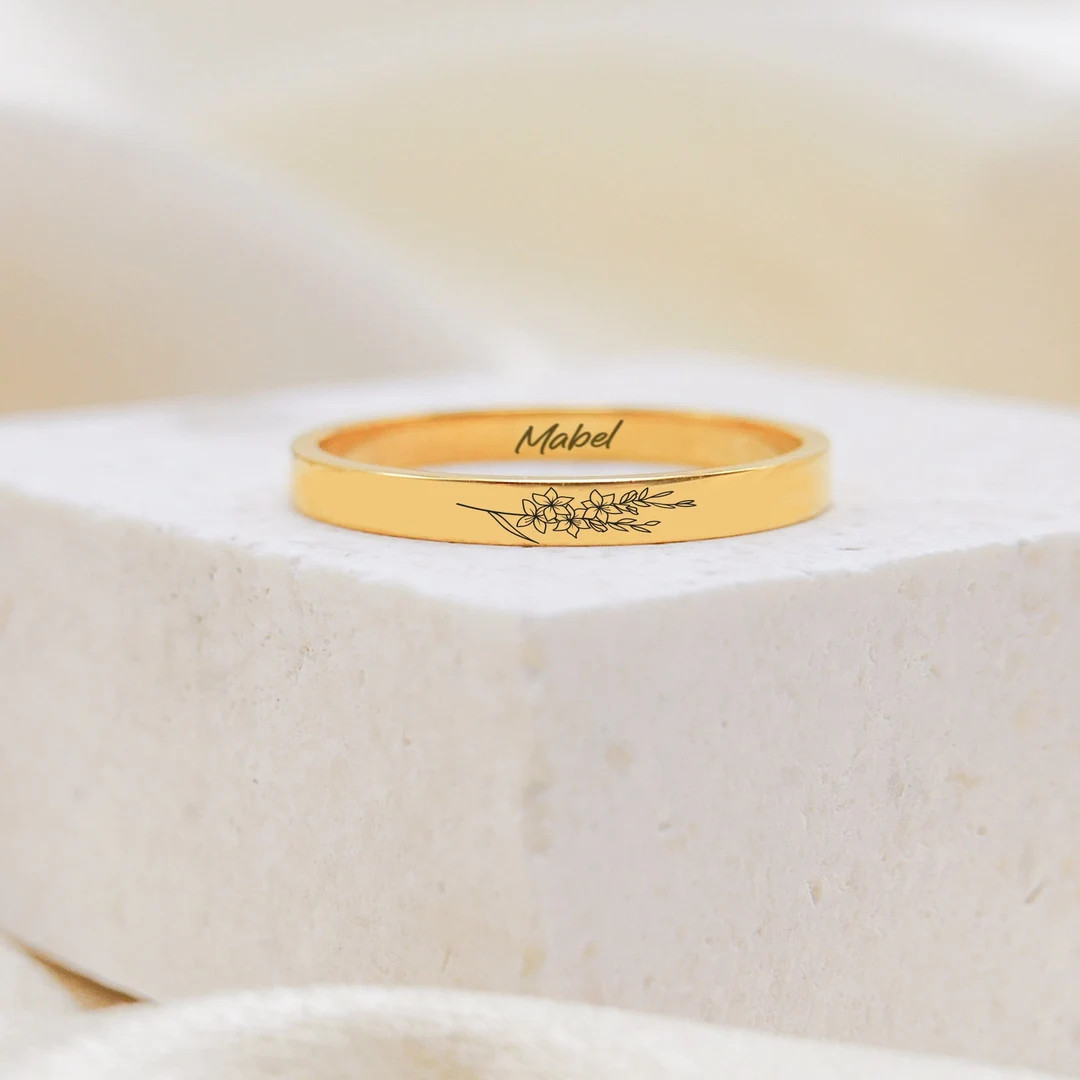 Custom Birth Flower Engraved Rings,name Band,flower Stacking Ring,everday Jewelry,birthday Gifts ... | Etsy (US)