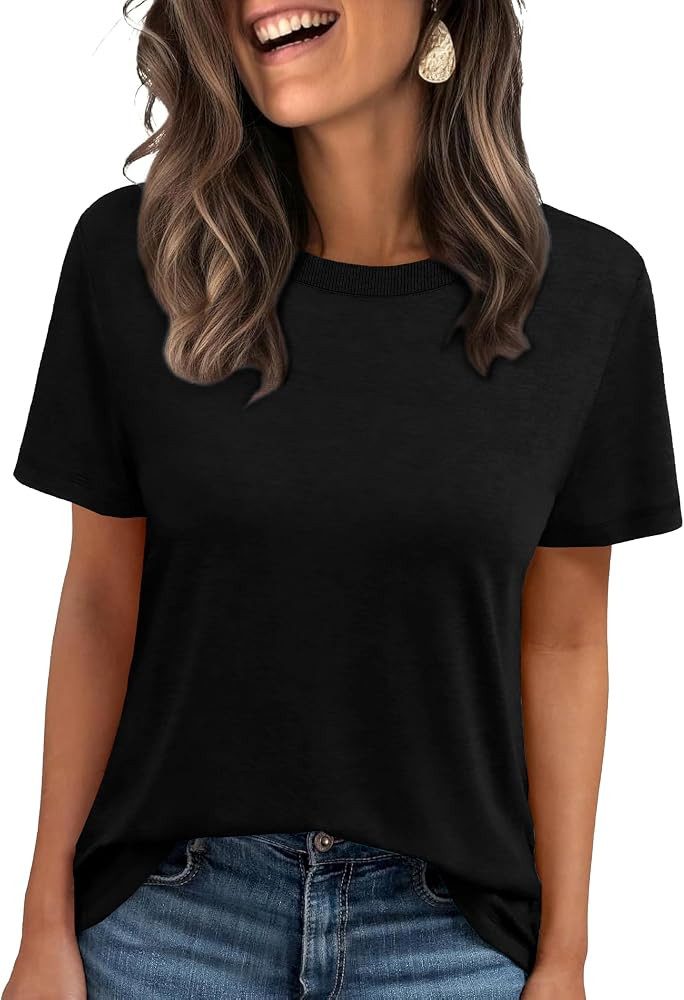 Jescakoo Womens Tops Summer Short Sleeve Ribbed Trim Crewneck T Shirts Spring Vacation Outfits Fa... | Amazon (US)