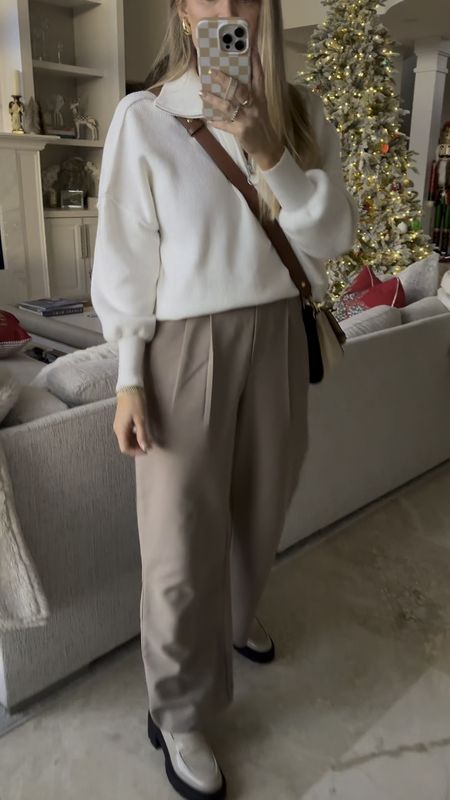 Cozy modern outfit of the day. Wearing a small in this barley dupe Amazon sweatshirt/sweater. And a size 6 in these Abercrombie wide leg trousers.

#LTKVideo #LTKHoliday #LTKover40