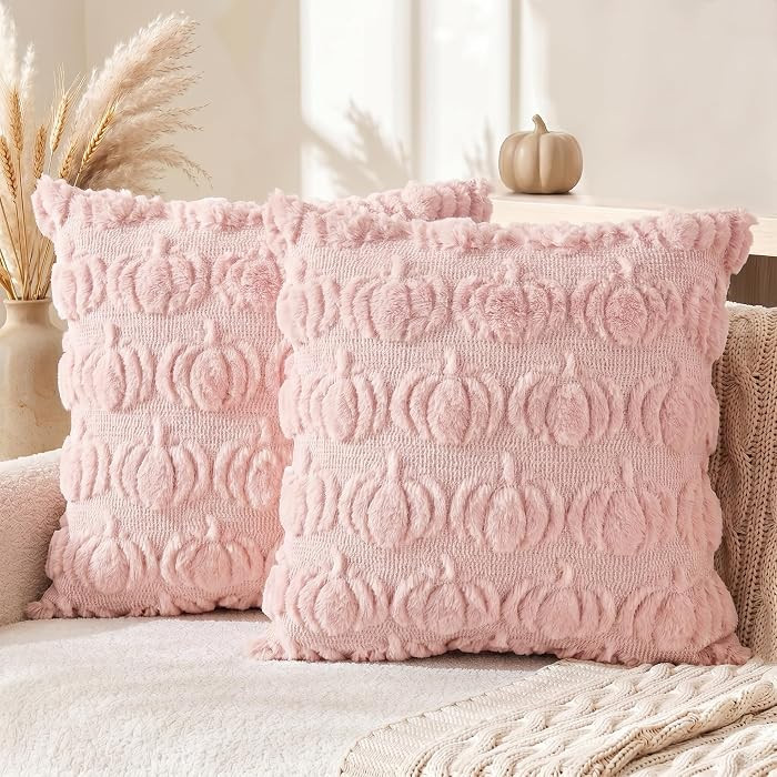 AVOIN colorlife Fall Pumpkin Pink Throw Pillow Covers, 18 x 18 Inch Autumn Thanksgiving Harvest Soft Plush Faux Fur Jacquard Cushion Case Decoration for Sofa Couch Set of 2 | Amazon (US)