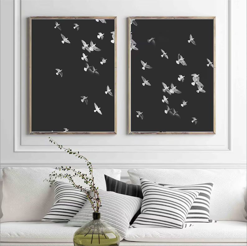 Set of 2 Flying Birds Print, Black and White, Wall Art, Printable Download, Pigeon Print, Monochr... | Etsy (US)