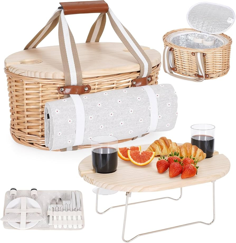 Picnic Basket Set for 2 - Wicker Insulated Picnic Basket with Waterproof Blanket, Folding Wine Pi... | Amazon (US)