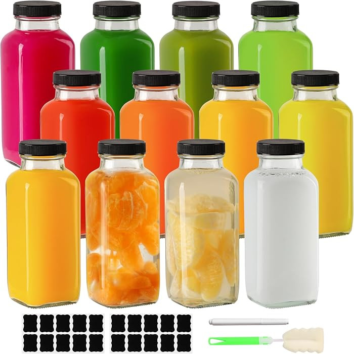 Glass Juice Bottles with Lids 12 oz - 12 Pack Reusable Drink Jars Containers with Labels and Brus... | Amazon (US)