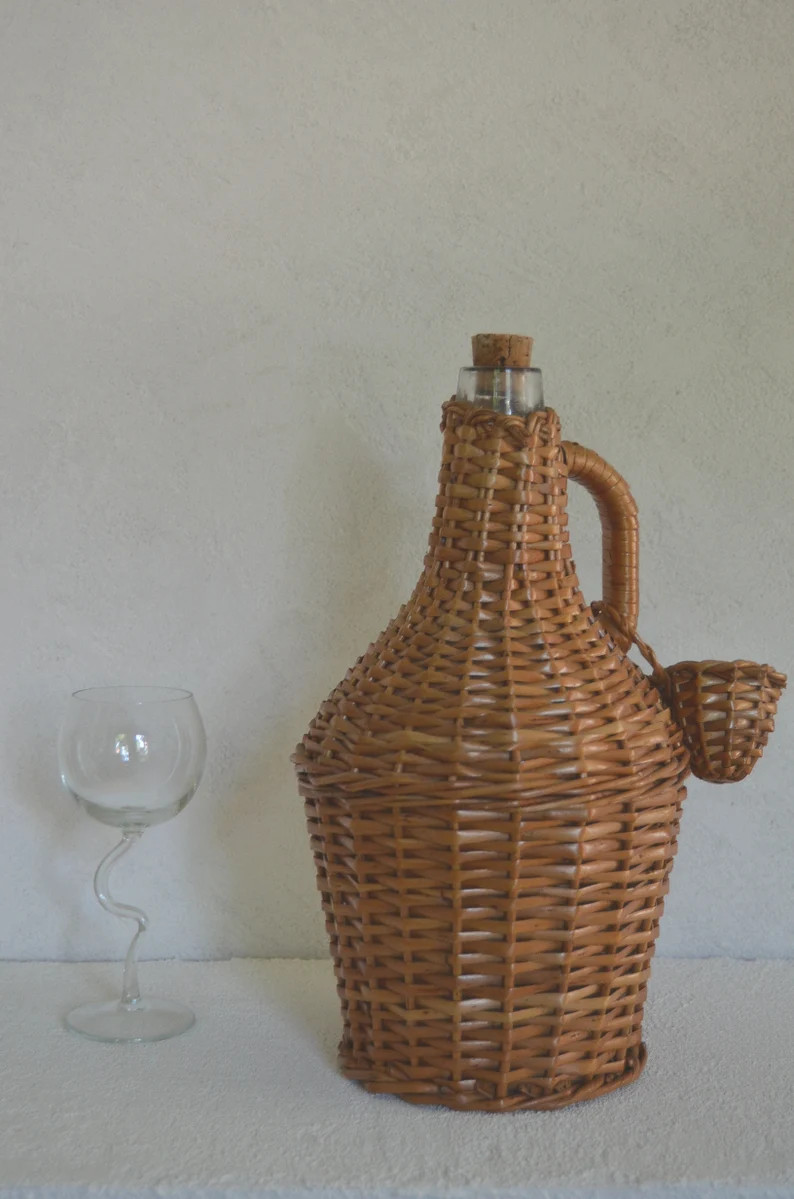 Mid Century Vase Beige Rattan Bottle Handmade Balloon Bottle - Etsy | Etsy (US)