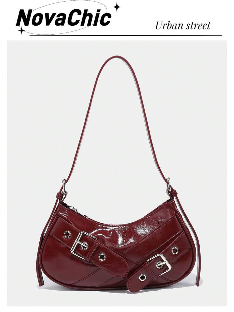 1pc Vintage Wine Red Patent Leather Y2K Gothic Style Shoulder Bag With Rivet Decoration For Women... | SHEIN