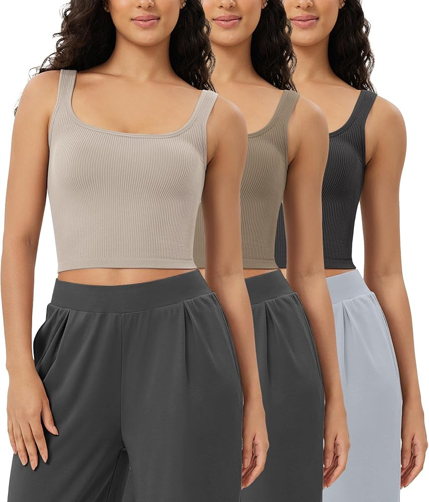ODODOS 3-Pack Seamless Square Neck Crop Tank for Women Ribbed Knit Soft Low Back Cropped Tops | Amazon (US)