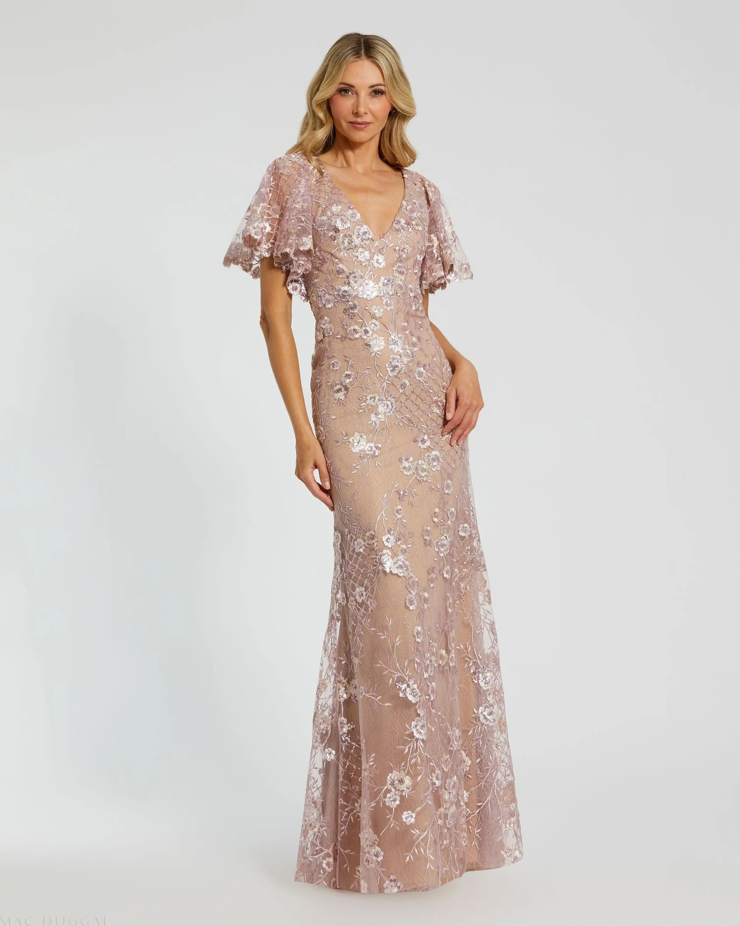 Pink Embellished Lace V Neck Butterfly Sleeve Gown | Mac Duggal | Mac Duggal