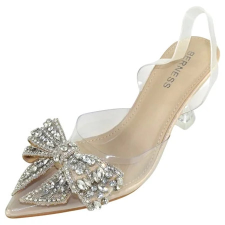 Berness Women’s Clear Heels – Transparent PVC Strap Rhinestone Bow Pointed Toe Pumps, Kitten Heel Slip-On Mule Formal Dress Shoes for Wedding Party Evening NINA05 Nude Beige 8 | Walmart (US)