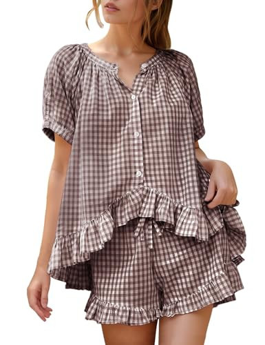 Flygo Womens Gingham Pajamas Set 2 Piece Cotton Pj Lounge Sets Puff Sleeve Ruffle Babydoll Shirt Shorts Summer Outfits(Coffee-L) | Amazon (US)