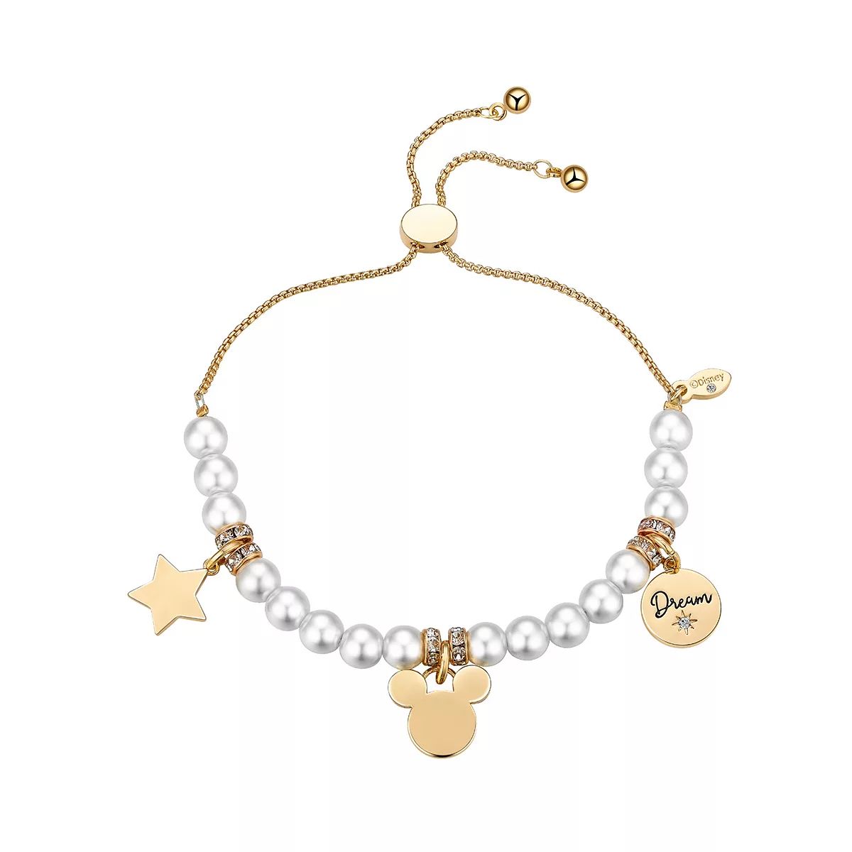 Disney's Mickey Mouse 14k Flash Gold Plated Crystal and Faux Pearl Bolo Bracelet | Kohl's