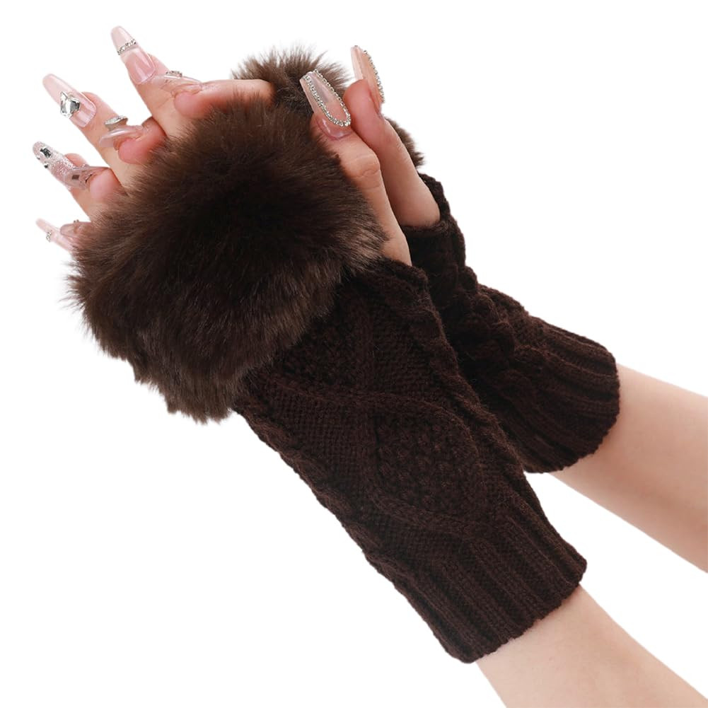 2 Pairs Brown Knit Fingerless Gloves Winter Crochet Coffee Furry Arm Warm Sleeves Soft Fluffy Kni... | Amazon (US)