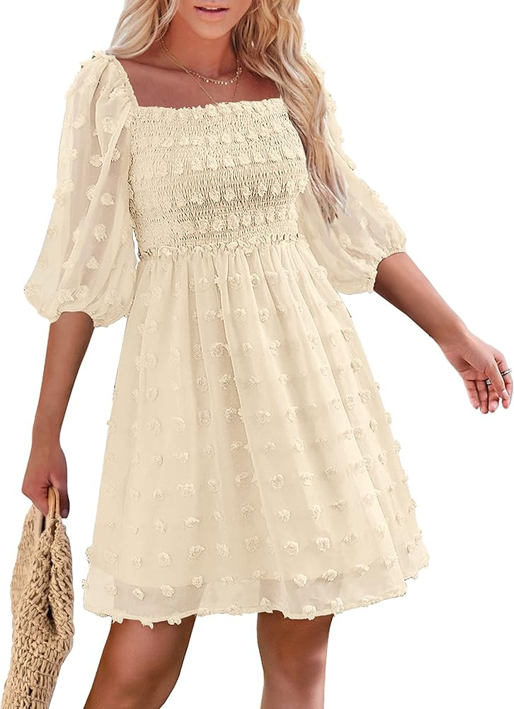 MIHOLL Women's V Neck Short Sleeve Ruffle Loose Summer Flowy Mini Dress | Amazon (US)