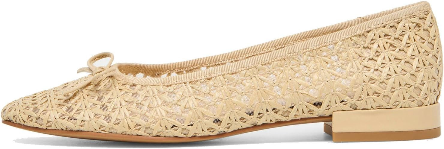 KiutSymo Women Woven Mesh Ballet Flats Raffia Bow Flats Round Toe Bowknot Ballerina Flats Shoes C... | Amazon (US)