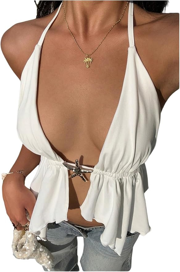 Verdusa Women's Halter Top Boho Vacation Outfits Metal Star Backless Ruffle Asymmetrical Going Ou... | Amazon (US)
