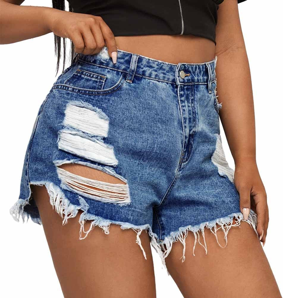 Plus Size Denim Shorts Women High Waisted Ripped Folded Hem Jean Shorts | Amazon (US)