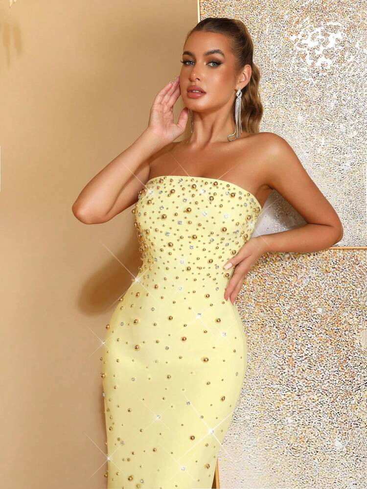 Solid Color Off Shoulder Basic Style Elegant Party Romantic Party Sexy Knitted Fabric Heavy Industry Pearl Rhinestone Bead Bandage Women'S Formal Evening Dress Date Party Birthday Party Formal Dinner Guest Music Festival Graduation Party Wedding | SHEIN