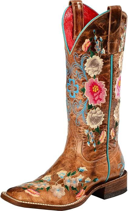 Square Toe Boots for Women Western Cowgirl Vintage Flower Embroidery Chunky Low Heel Mid Calf Boo... | Amazon (US)