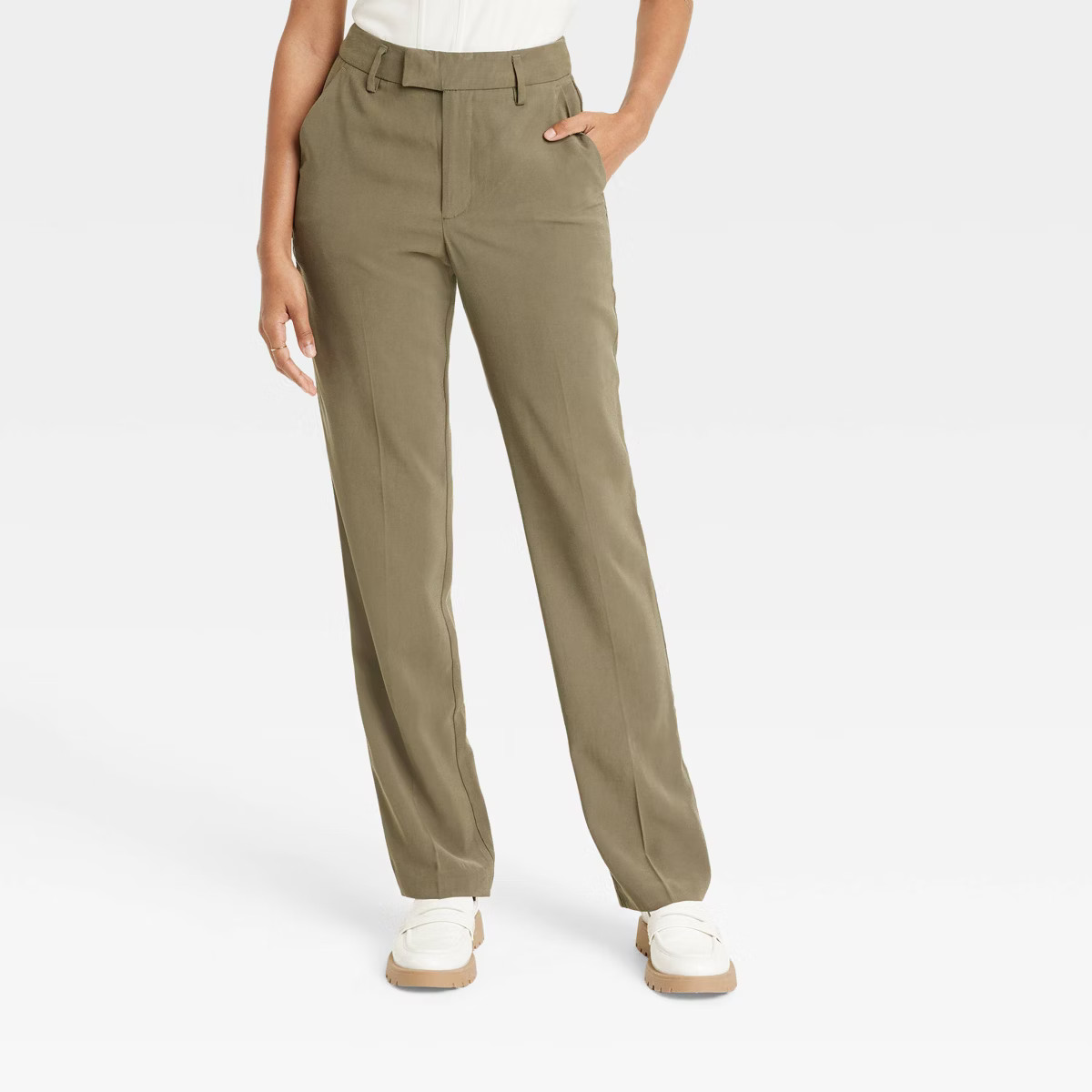 Women's High-Rise Regular Fit Full Length Straight Stovepipe Trousers - A New Day™ Olive 8 | Target