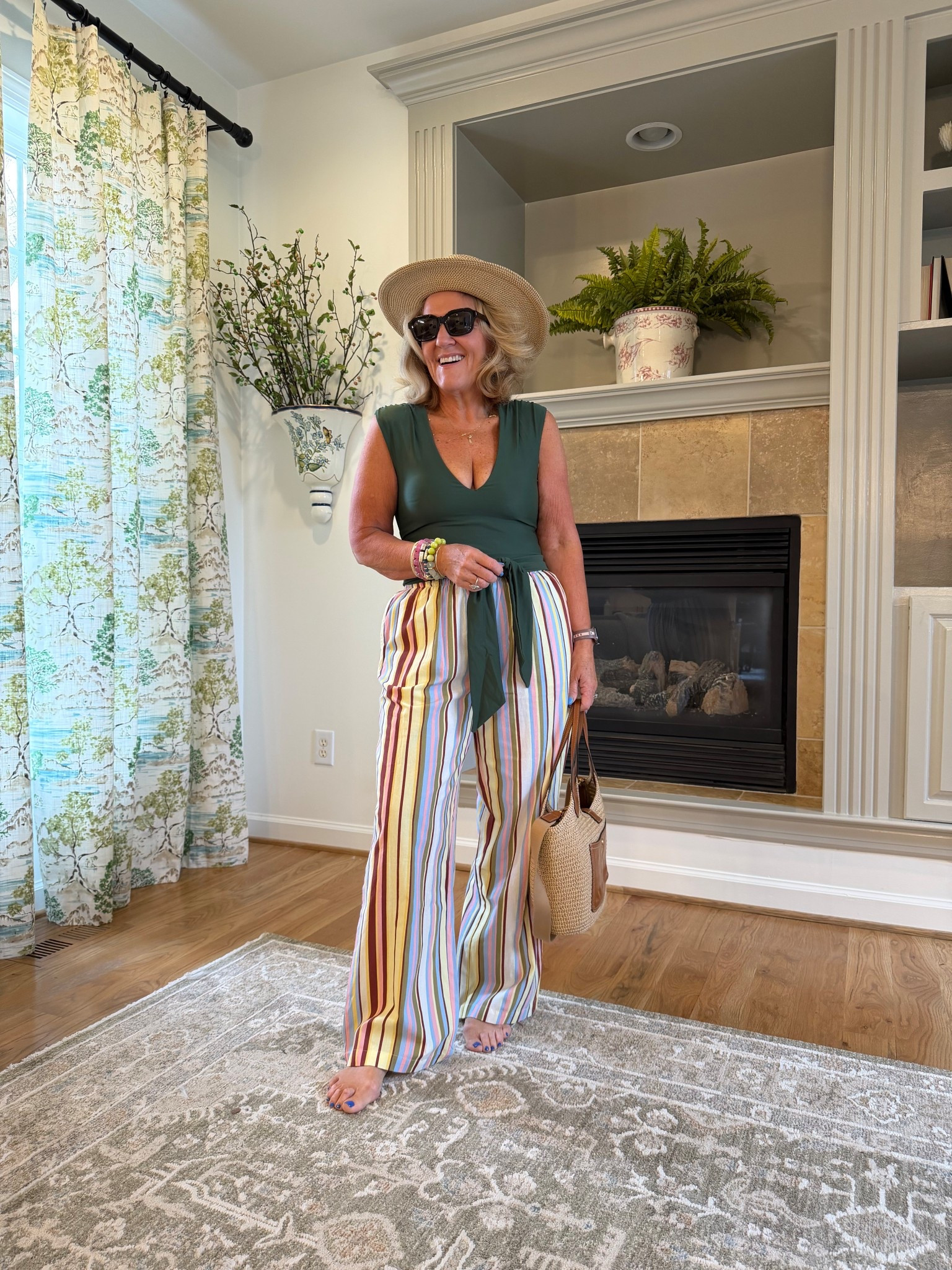 Cute pants perfect for a bathing suit coverup. 
Suit is sold out but linking some other favorites I love. 
Hat is a gorgeous quality and will not crunch. Sunglasses are polarized and great quality too. 
Bag from same brand 
Eric Javits 10% off code NANETTE 

#LTKOver40 #LTKTravel #LTKSwim