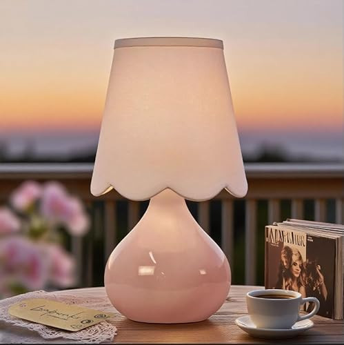 14''H Cordless LED Table Lamp with Dimmer, Ceramic Bedside Table Lamp, Rechargeable & 3-Level Brightness, Ceramic Base, Detachable Bulb, Linen Shade, Desk lamp for Cozy Teens Room Decor (Pink) | Amazon (US)