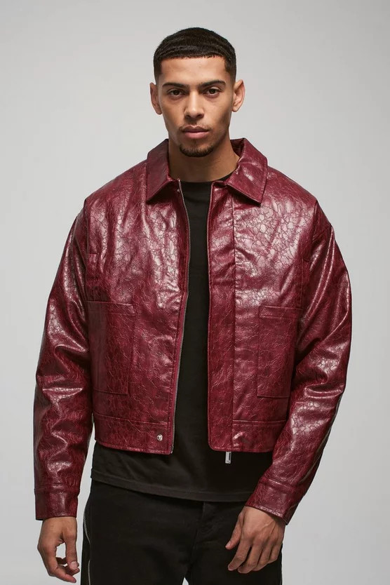 Boxy Textured Pu Harrington Jacket In Red | boohooMAN (US & Canada)