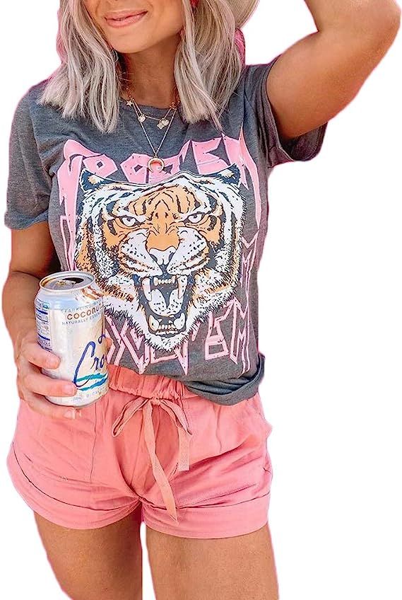 Tiger Printed Short Sleeve Tshirts,Womens Summer Crewneck Graphic Tee Shirt Blouse Tops | Amazon (US)
