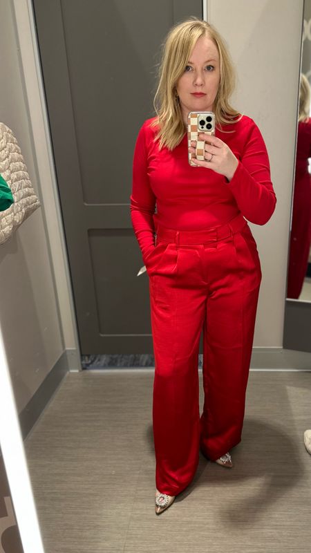 Loved these pants. True to size. They are long. Shoes are gorgeous too. Top was too cool of a red  