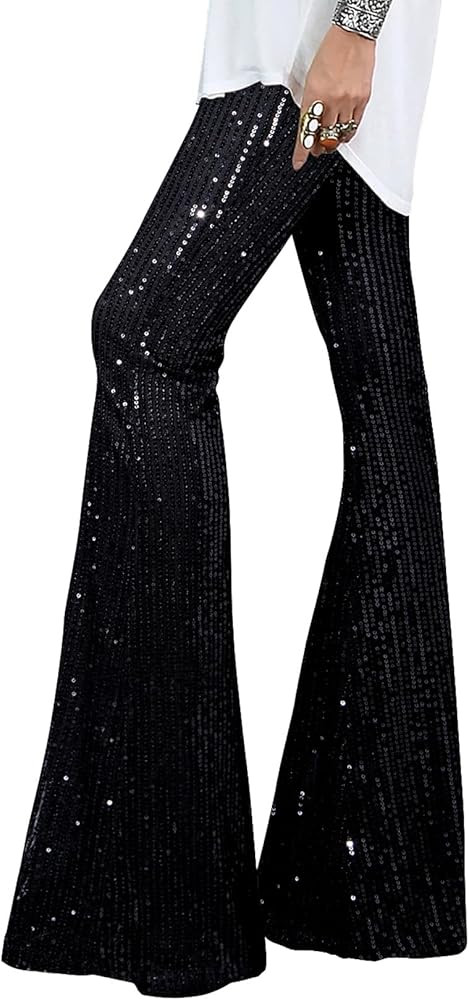 EVALESS Women Sequin Pants Sparkly Glitter High Waisted Wide Leg Flare Trousers Bell Bottom Night... | Amazon (US)