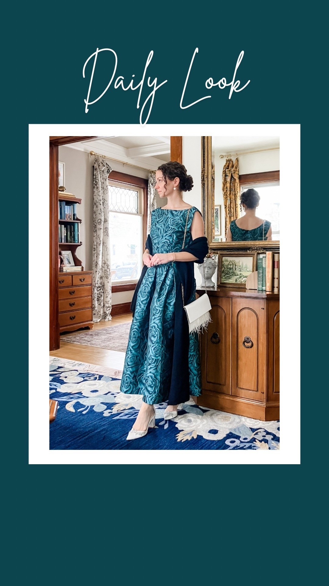 Formal wedding guest outfit!
Green and black floral print dress from Chicwish. 
Black cashmere wrap from a local boutique, linking similar. 
White feather purse from Moda Luxe. 
White jeweled heels from Bella Belle Shoes. 
Petite outfit. Classic outfit  Modest outfit. Wedding guest outfit. 

#LTKgrwm #LTKootd #LTKSeasonal