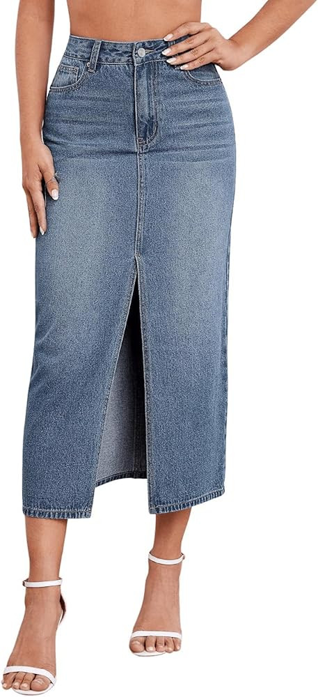 Stylish Women's Stretch Denim Skirt Mid-Length Comfortable & Curve-Hugging with Center Slit | Amazon (US)