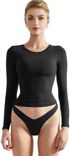 SUUKSESS Women Double Lined Fitted Basic T Shirts Crew Neck Long Sleeve Crop Top | Amazon (US)