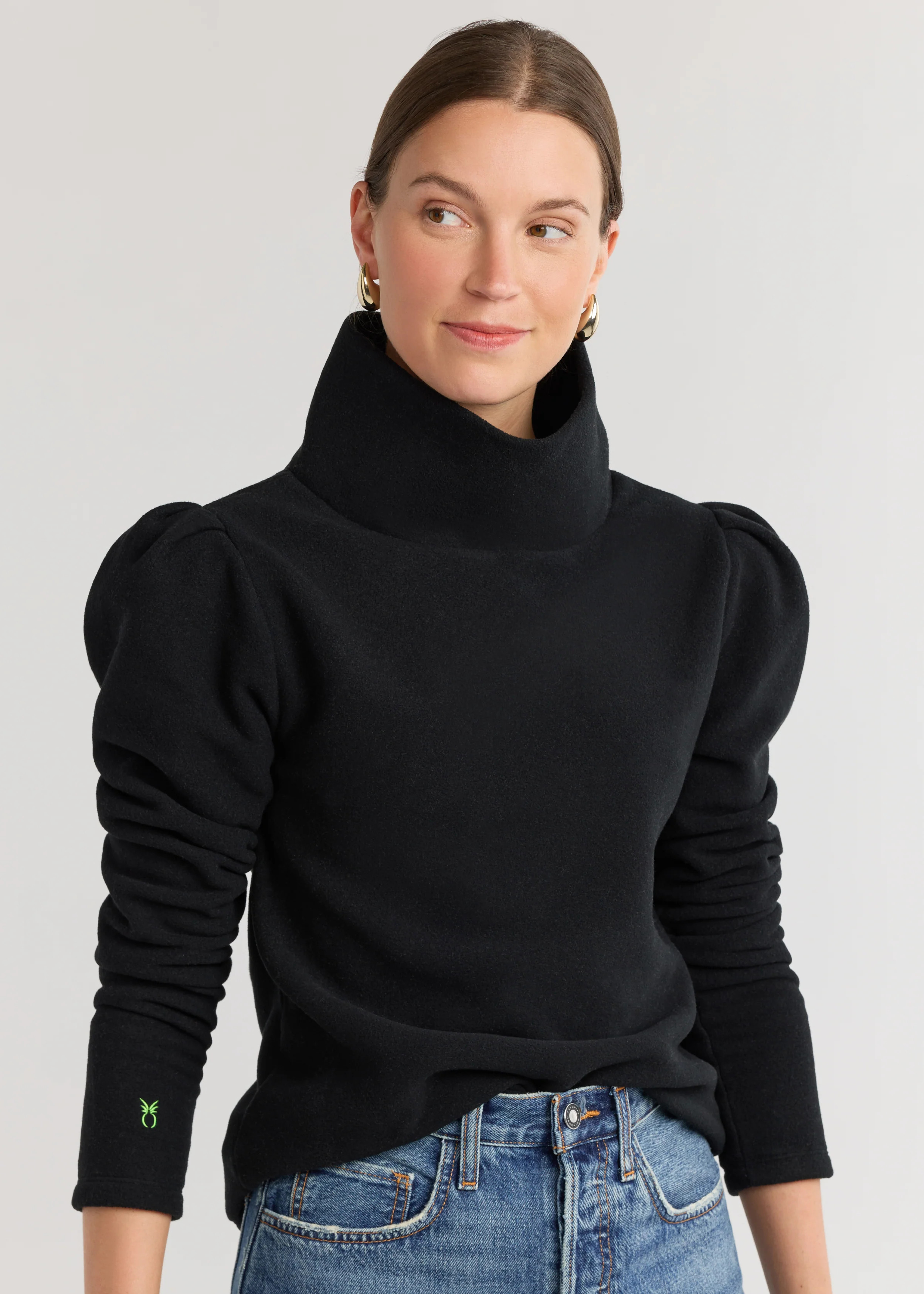 Palmer Puff Sleeve Turtleneck in Vello Fleece (Black) | Dudley Stephens