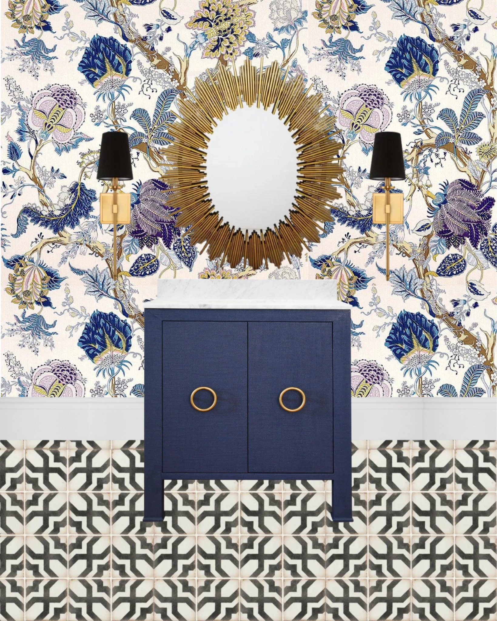 Colorful bathroom, small bathroom wallpaper ideas, powder room wallpaper, bold bathroom, navy vanity, grand millennial home decor 

#LTKhome #LTKfamily #LTKsalealert