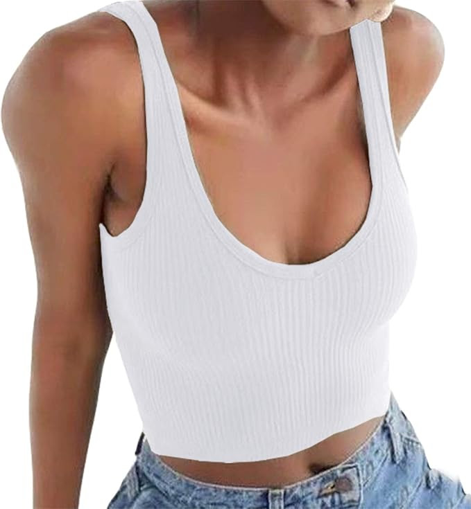 Artfish Women's Sleeveless Shirt Ribbed Drawstring Side Ruched Scoop Neck Basic Crop Tank Top | Amazon (US)