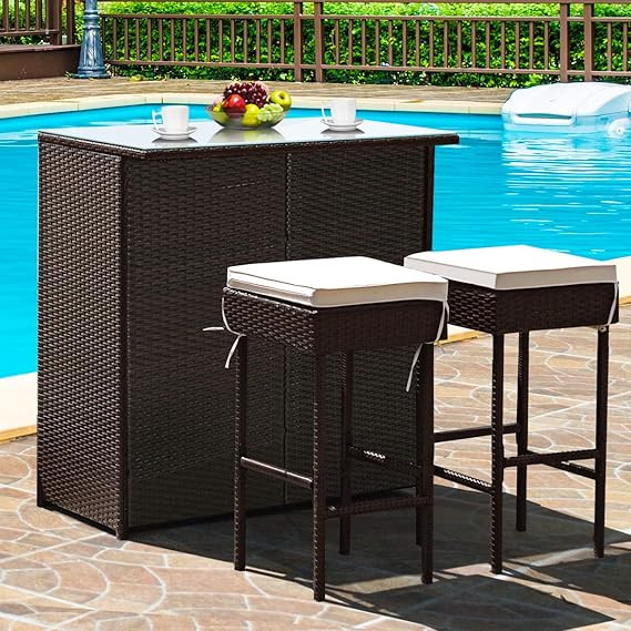 Tangkula Patio Bar Set, 3 Piece Outdoor Rattan Wicker Bar Set with 2 Cushions Stools & Glass Top ... | Amazon (US)