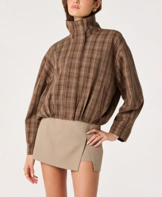 Astr the Label Women's Cooper Funnel Neck Jacket - Brown Plaid | Macy's