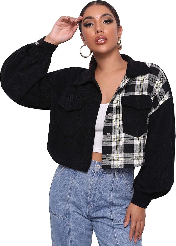 Verdusa Women's Color Block Long Sleeve Pocket Front Plaid Corduroy Jacket | Amazon (US)