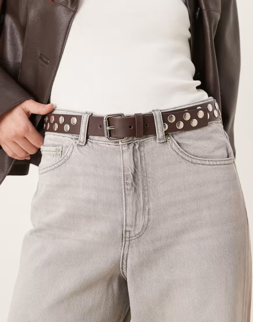 Mango faux leather studded belt in brown | ASOS (Global)