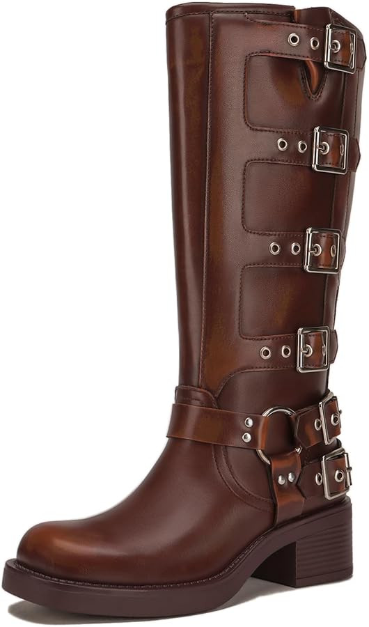 Athlefit Women's Knee High Riding Boots Fashion Buckle Square Toe Chunky Heel Wide Calf Biker Boo... | Amazon (US)