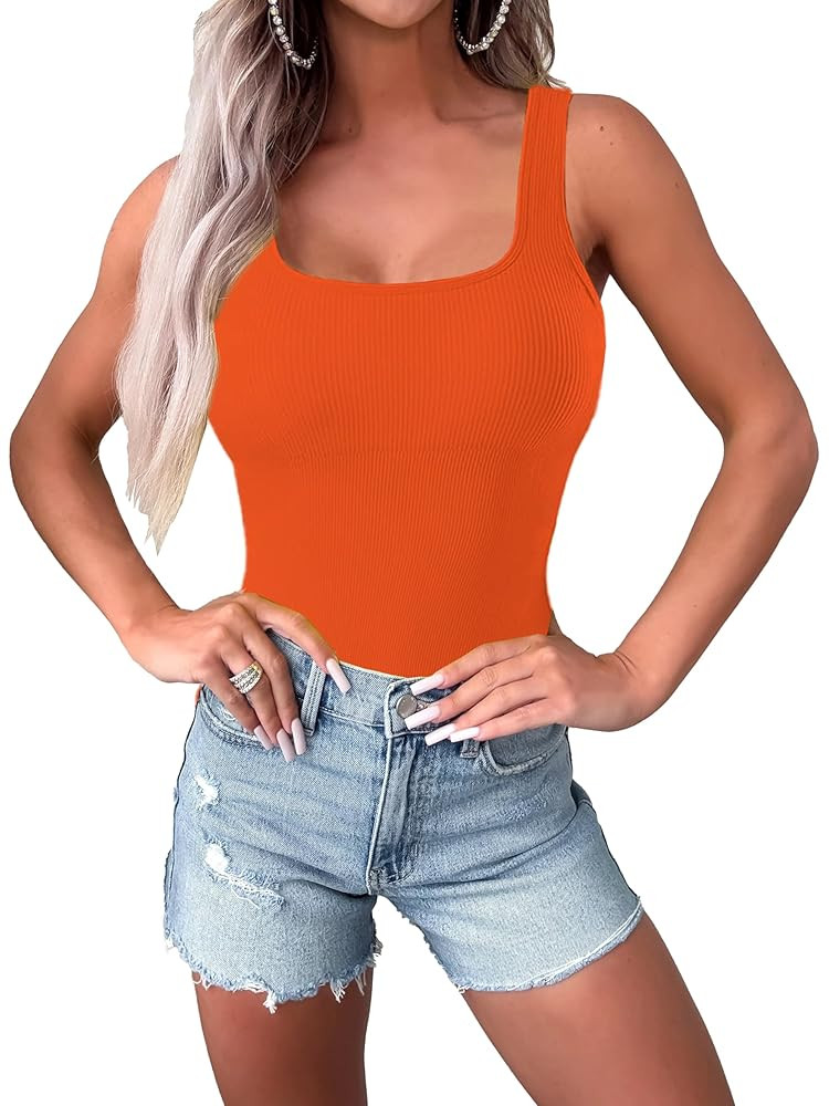 Women's Sleeveless Bodysuits Sexy Ribbed Seamless Square Neck Tank Tops 2025 Trendy Outfits One P... | Amazon (US)