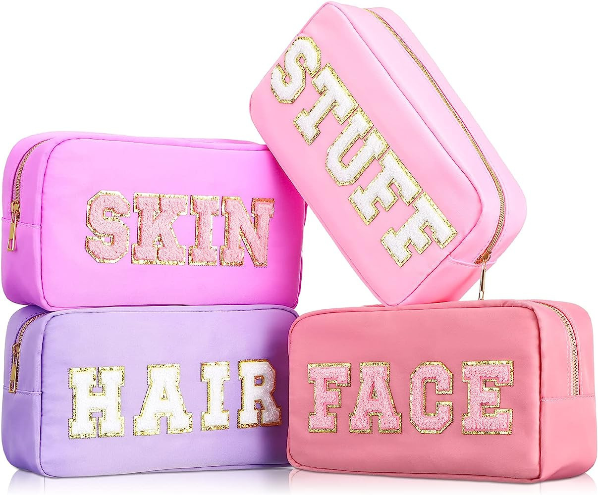 4 Pcs Preppy Makeup Bag Chenille Letter Nylon Cosmetic Bag Makeup Organizer Bag Toiletry Cosmetic... | Amazon (US)