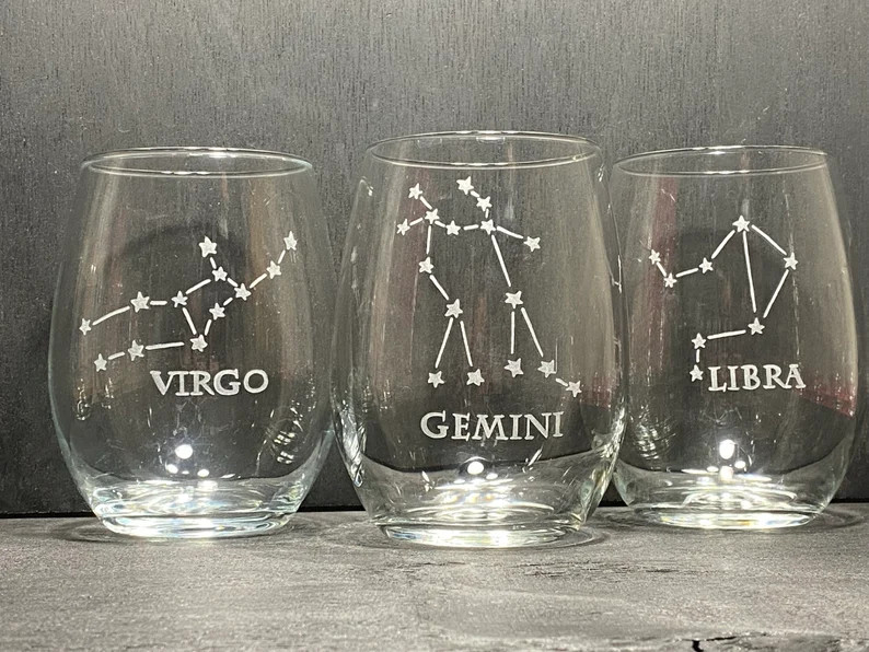 Zodiac Signs Etched Wineglass, Zodiac Stemless Wine Glass, Hand Etched Glass, Constellation Wine ... | Etsy (US)